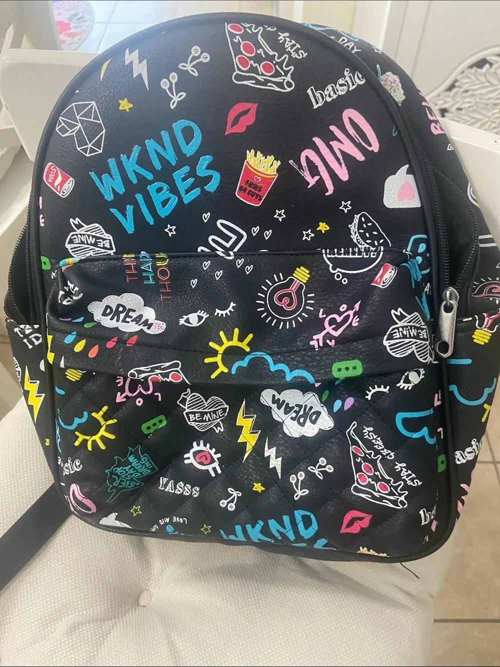 Claire's Black Mini Backpack with Colorful Graphic Icons